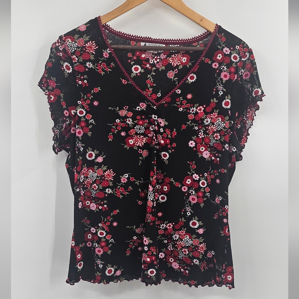 Self Esteem Y2K Dark Floral Black Red Top Size XL